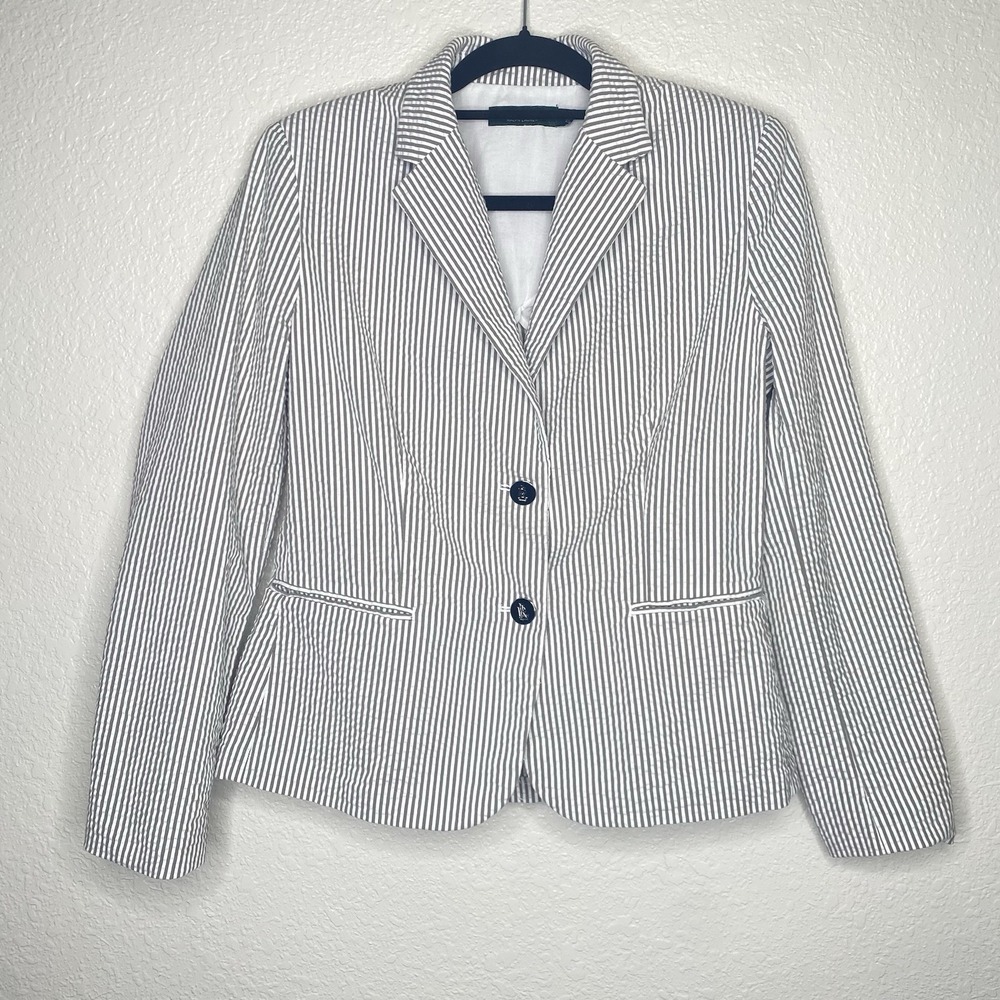 Lauren Ralph Lauren Navy White Seersucker Stripe Blazer Jacket Size 10